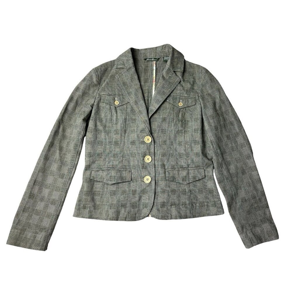 Eddie Bauer Green Check LS Button Up Blazer Women's 4 Pockets